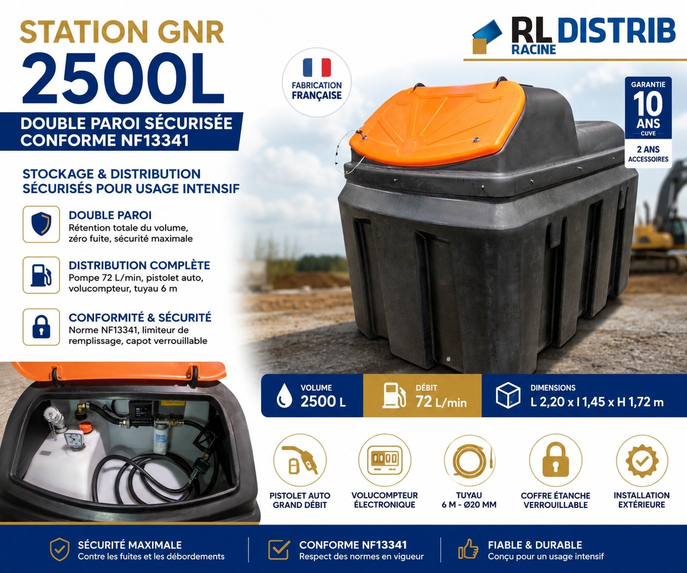 Station GNR 2500L double paroi avec distribution compl&egrave;te, s&eacute;curis&eacute;e antifuite et conforme NF13341 pour usage ext&eacute;rieur intensif